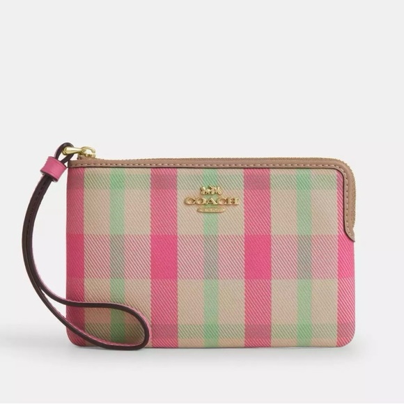 Coach Corner Zip Wristlet with Plaid Print Gold/ Pink Multi - Picture 1 of 8